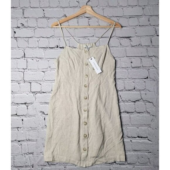 Topshop Beige Tan Linen Blend Button Accent Sleeveless Dress NWT Size US 6 - Picture 1 of 13